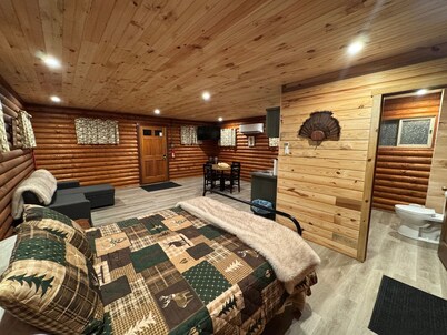 Charming log cabin on gravel back road with peace, quiet, all amenities of home