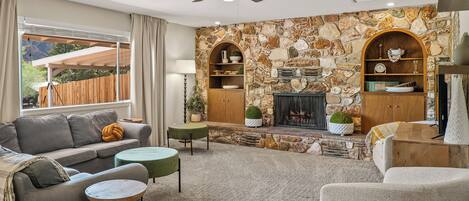 Smart TV, fireplace, books
