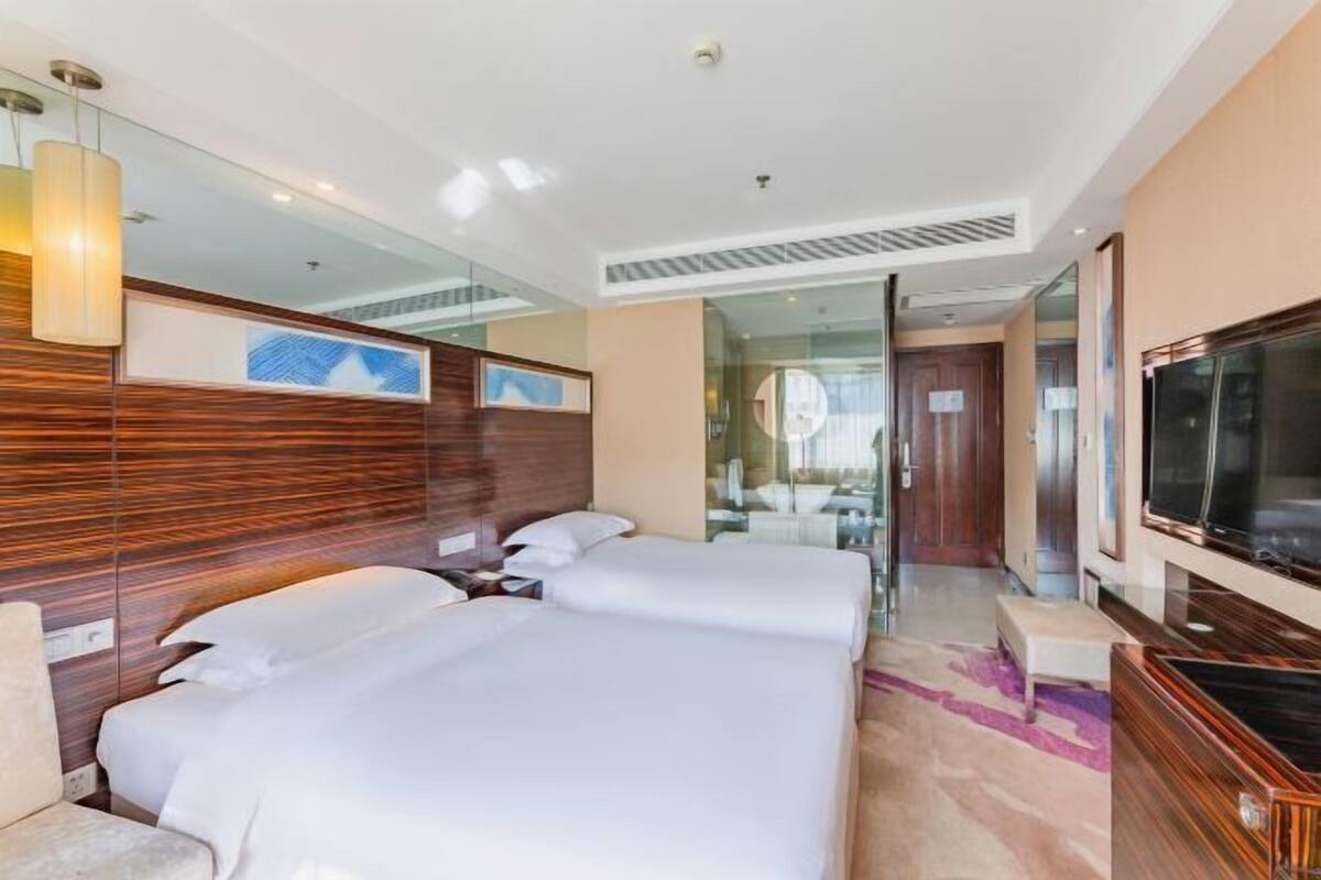Una habitación de hotel con dos camas, televisión, espejo y ventana.