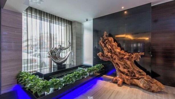 Un interior moderno con una vitrina de cristal que contiene plantas y una escultura de madera.