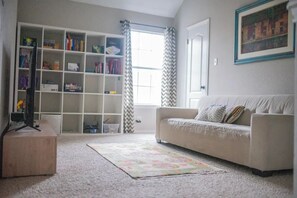 Smart TV, fireplace, books
