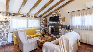 Télévision, cheminée, lecteur de DVD, chaîne hi-fi