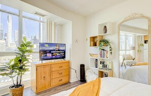 1 bedroom, desk, iron/ironing board, travel cot