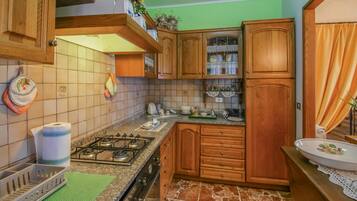 Fridge, stovetop, dishwasher, coffee/tea maker