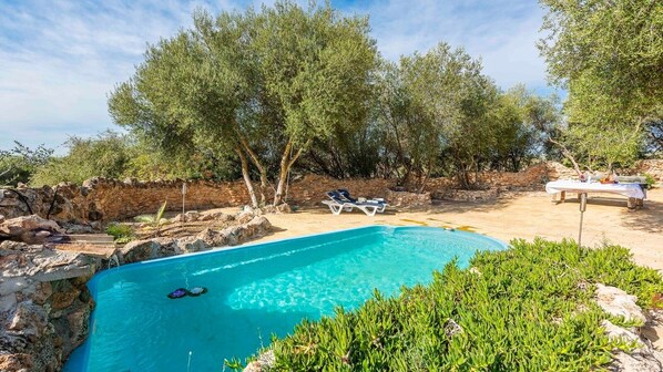 A swimming pool with clear blue water, surrounded by greenery and stone walls.