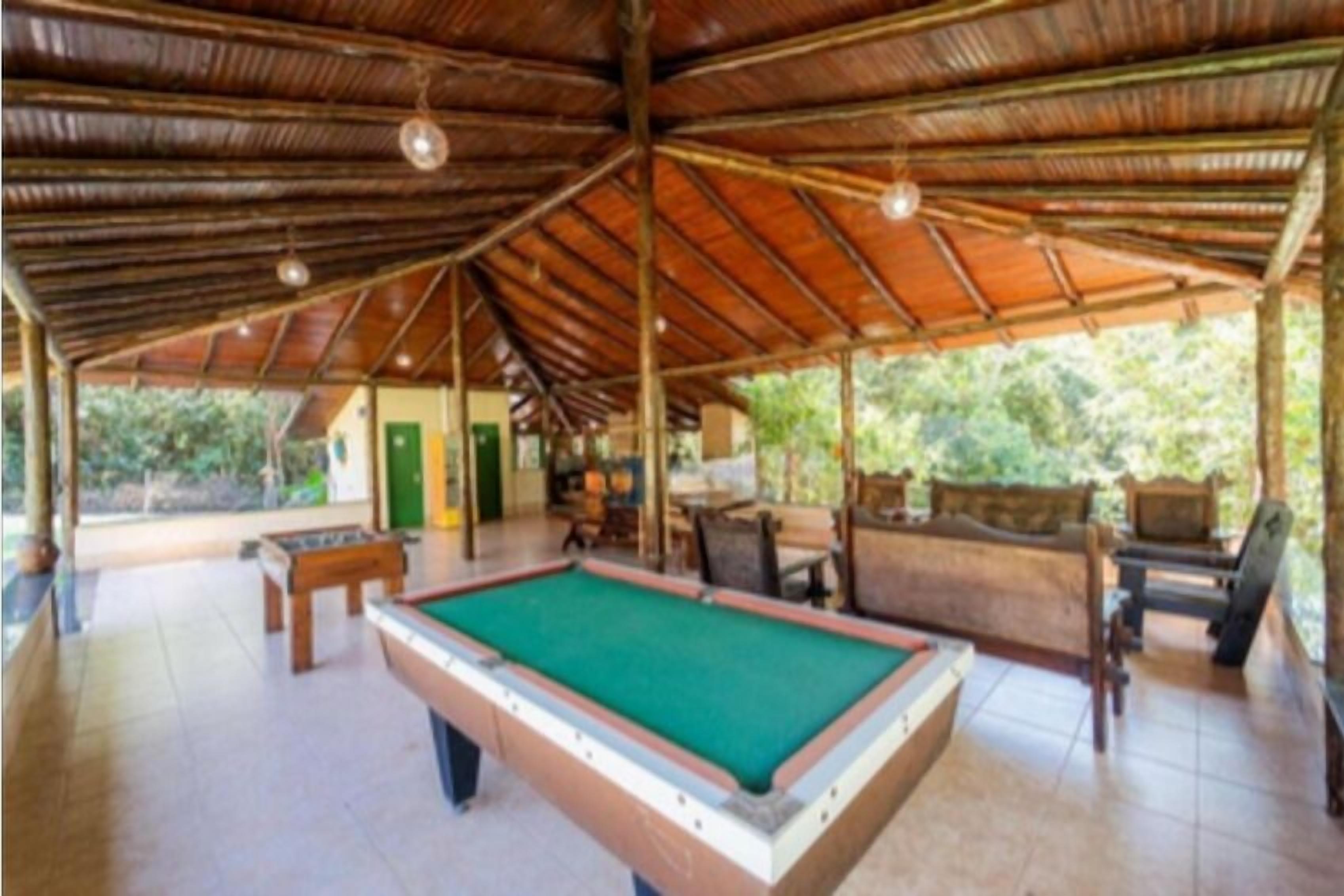 A pool area with a green pool table, wooden furniture, and a thatched roof structure.