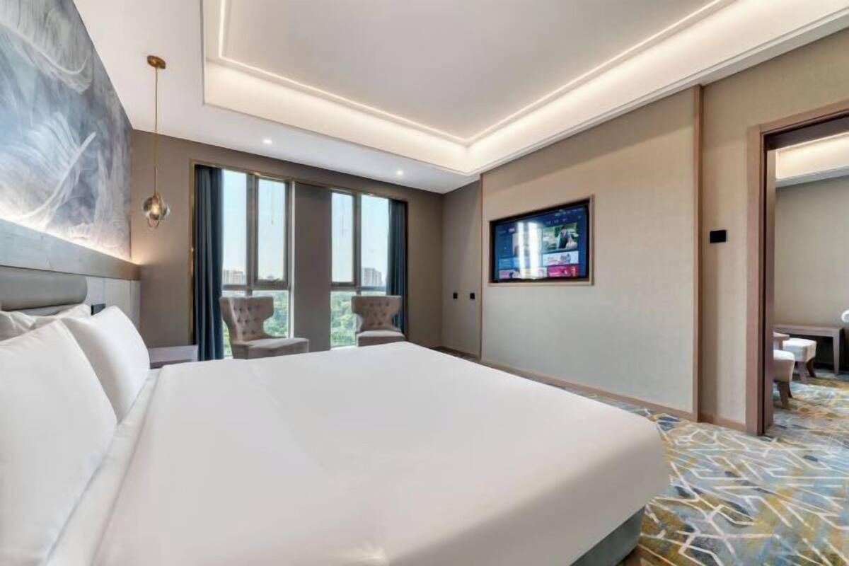 A modern hotel room with a large bed, a television, a balcony with a view, and a patterned carpet.