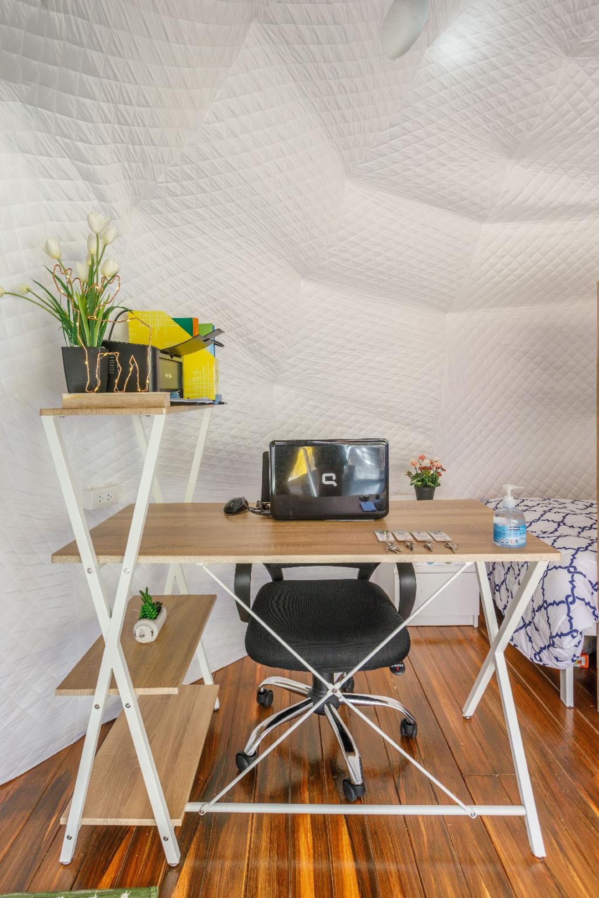 A compact workspace with a wooden desk, a black office chair, a laptop, and a small potted plant.