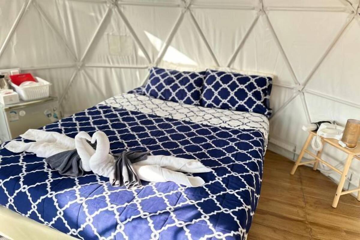 A bed with a blue and white patterned bedspread, a pillow with a similar pattern, and a swan-shaped towel arrangement.