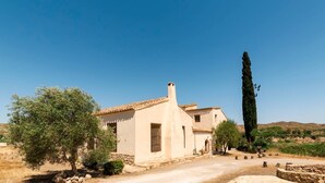 A traditional building with a tiled roof, a stone pathway, and a tall cypress tree.