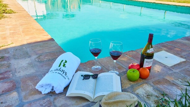 A poolside setting with a towel, two wine glasses, a bottle of wine, an open book, and some fruits. - El Rincón de Marco y María Prado del Rey by Ruralidays (Cádiz)