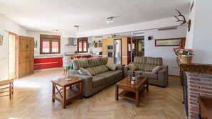 A spacious living room with a sofa set, a coffee table, and a fireplace. - Villa Tinahones Álora by Ruralidays (Málaga)