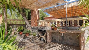 Cocina exterior de piedra con pileta, plantas en macetas y una pérgola.