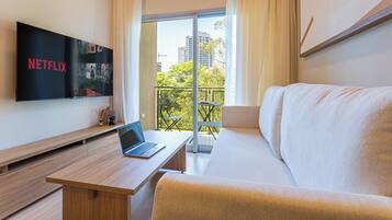 Standard Apartment, 1 Queen Bed with Sofa bed, Balcony, City View | Living area