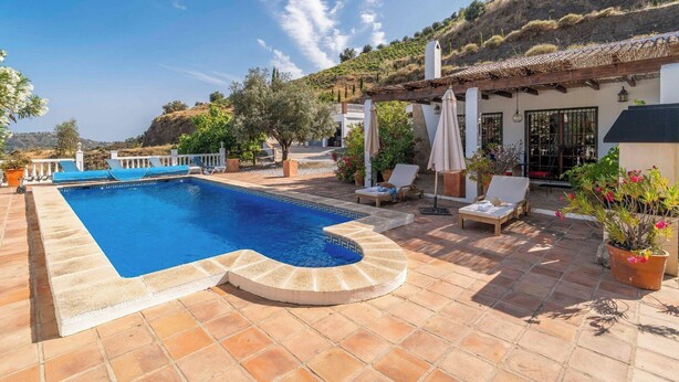 A swimming pool with a stone deck, surrounded by lounge chairs and potted plants.