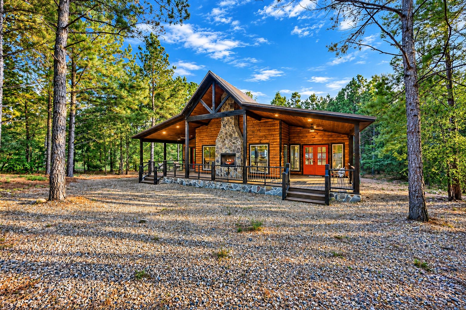 A cabin with a stone fireplace, wooden exterior, and a covered porch.