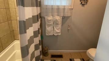 Shower, towels, soap, shampoo