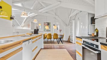 Fridge, stovetop, dishwasher, coffee/tea maker