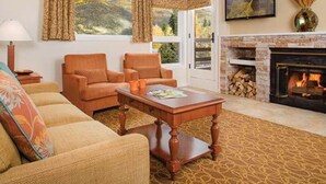 Een gezellige woonkamer met een open haard, comfortabele zithoek en uitzicht op de omgeving.