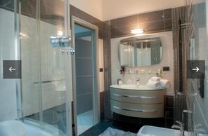 Shower, jetted tub, hair dryer, bidet