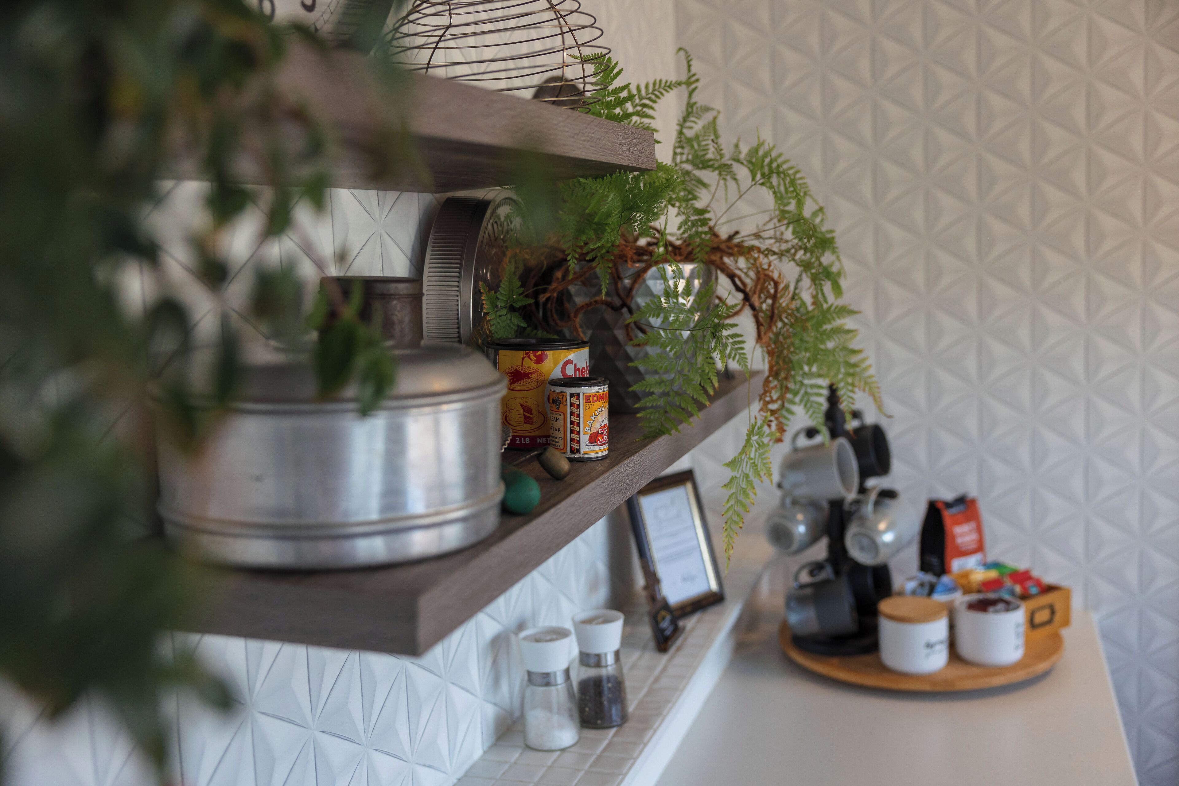 Eine Küchenarbeitsplatte mit einer Pflanze, einer Kaffeemaschine und verschiedenen Küchenutensilien.