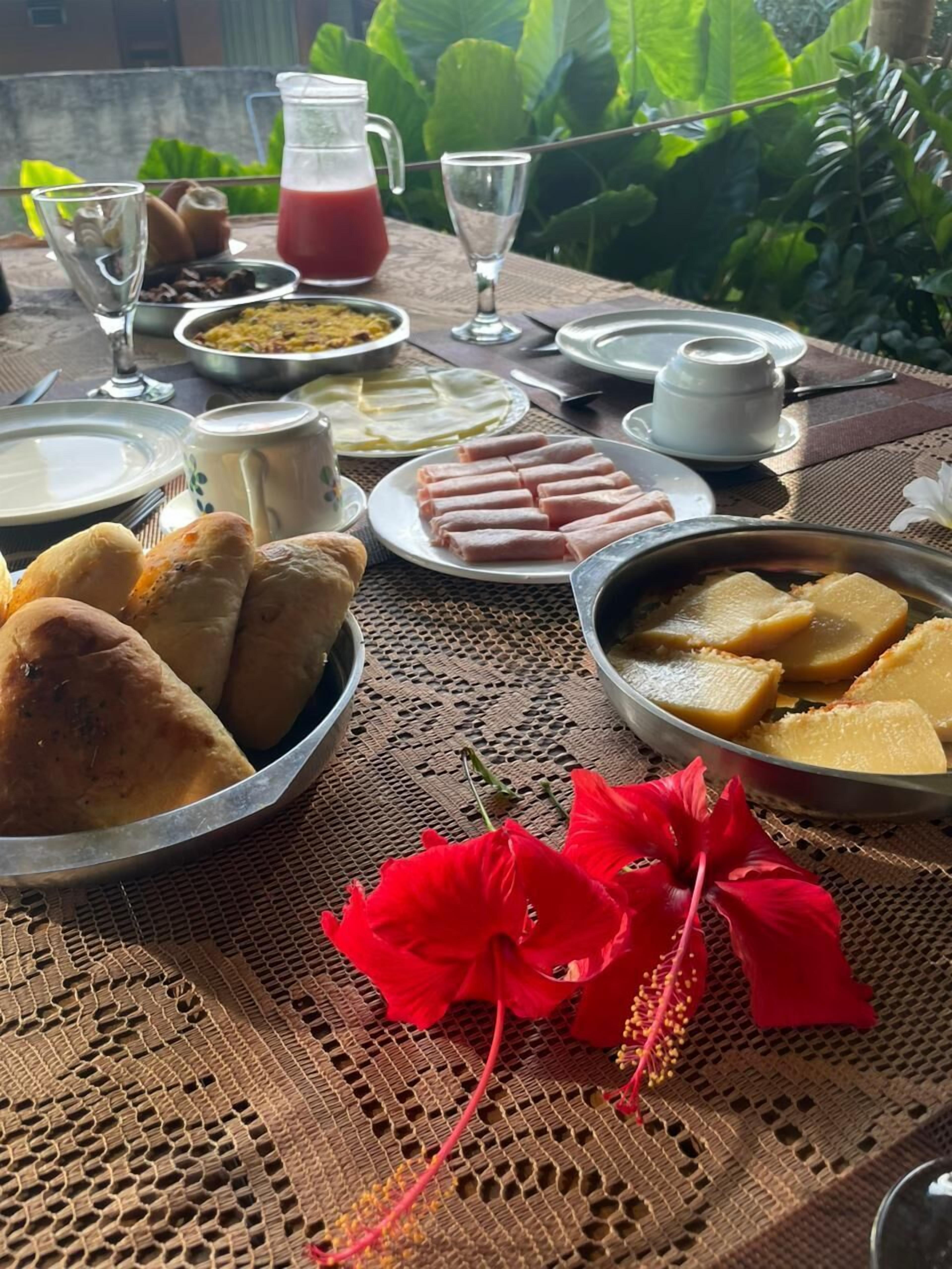 Una mesa dispuesta con diversos platos, entre ellos pan, carne y una jarra de jugo, en un entorno al aire libre con abundante vegetación de fondo.