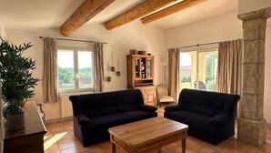 Ein gemütliches Wohnzimmer mit zwei dunklen Sofas, einem Holztisch, einem Schrank und einer Topfpflanze.