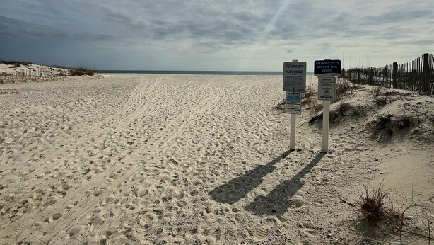 A sandy beach with footprints leading to a signpost with beach rules.