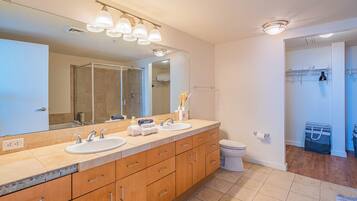 A modern bathroom with a double sink vanity, a large mirror, and a walk-in shower.