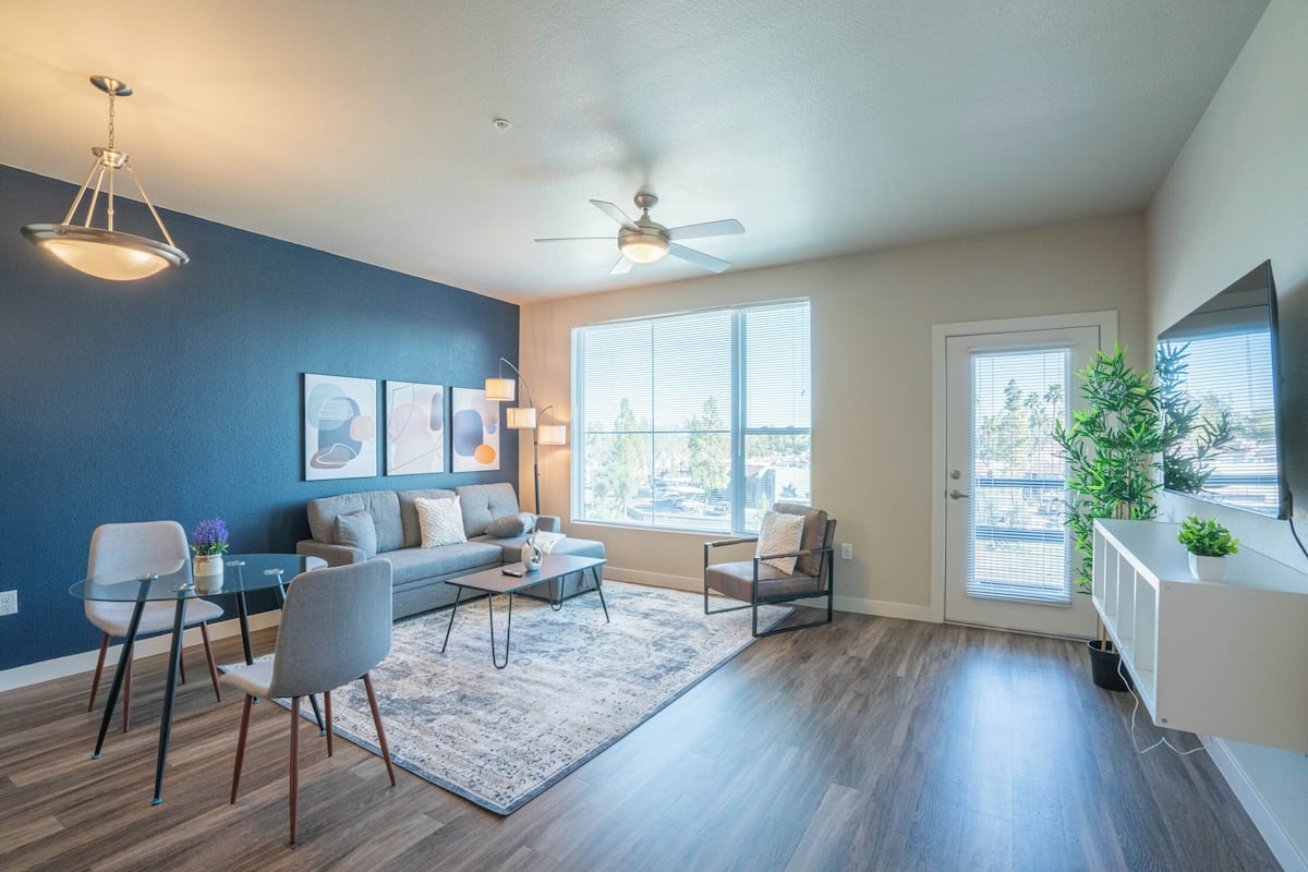A modern living room with a blue accent wall, a ceiling fan, large windows, a sofa, a coffee table, and a TV mounted on the wall.