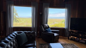 A room with a leather sofa, a recliner, a television, and a large window with curtains.