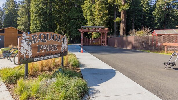 A wooden sign for Sequoia Park with a forest backdrop.