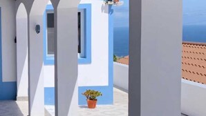 A covered outdoor area with white columns, a potted plant, and a view of the sea.