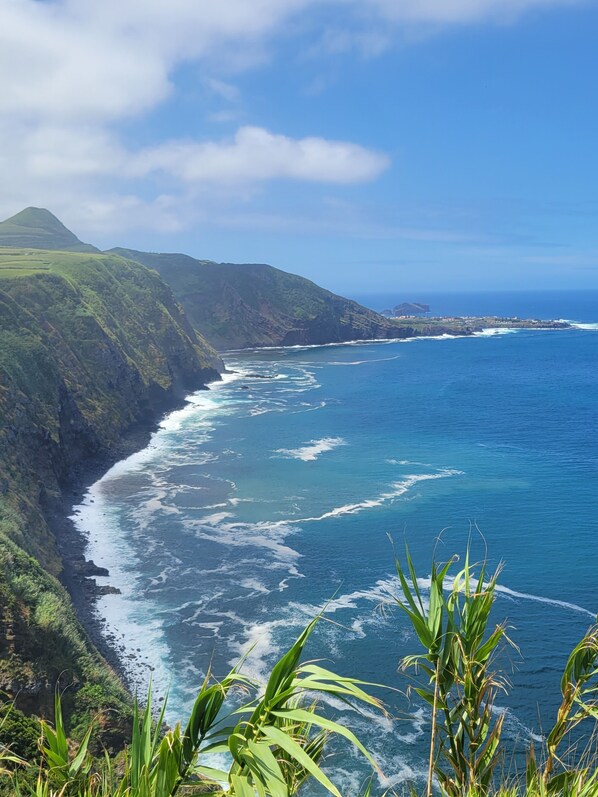A coastal landscape with a clear view of the ocean, a rugged coastline, and a distant mountain range.
