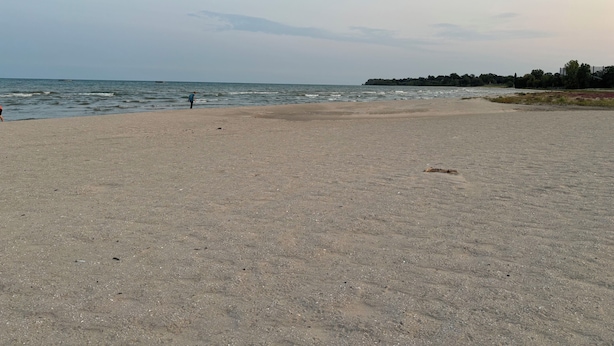 Una playa con una orilla arenosa y una persona caminando por la orilla.