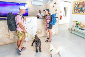 A reception area with a marble wall, a digital screen displaying a message, and a reception desk. - Casual On the Beach Bayahibe by Casual Hoteles (Bayahíbe)