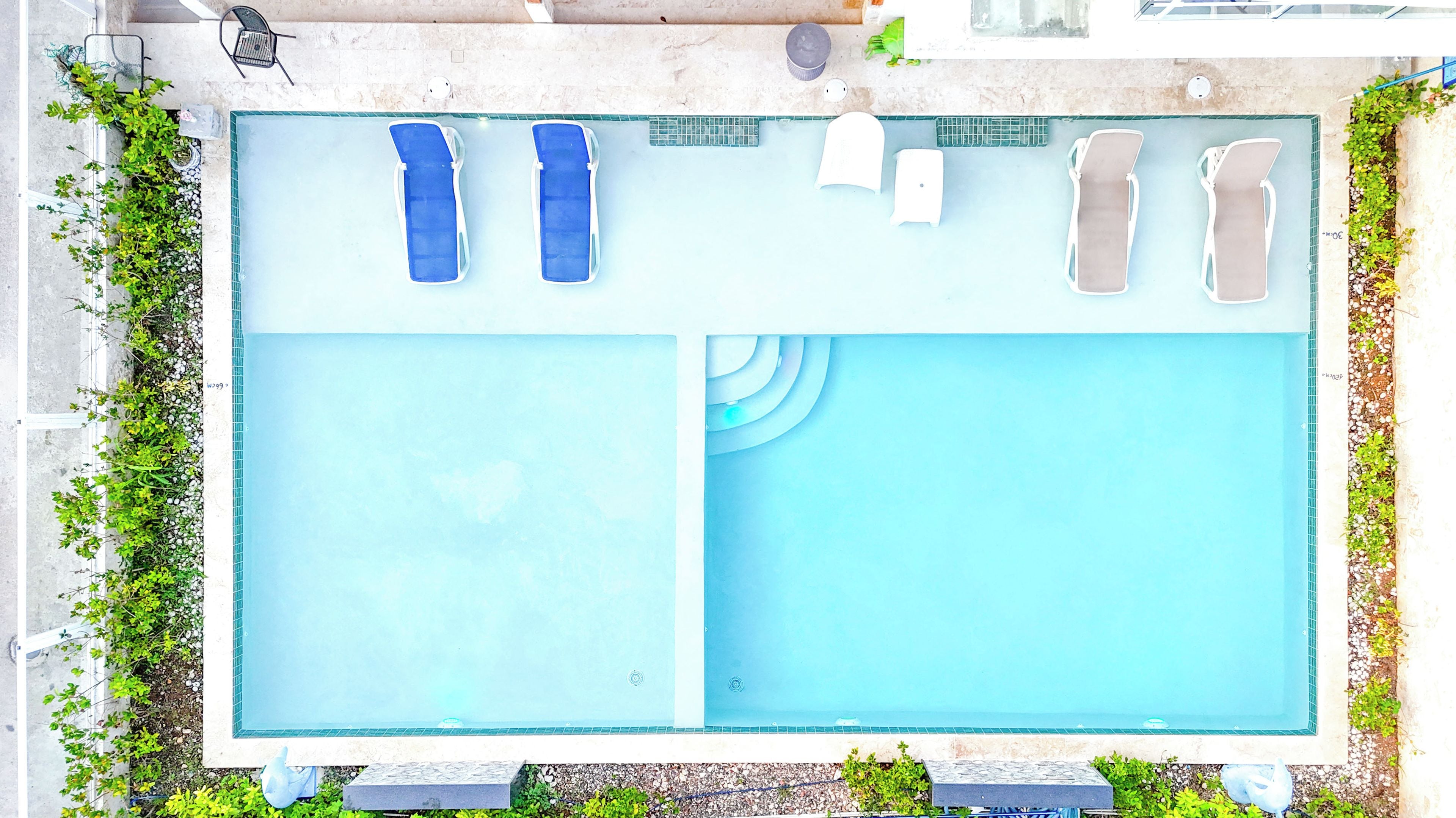 Piscina rectangular de dos secciones, rodeada de vegetación y equipada con sillas de descanso.