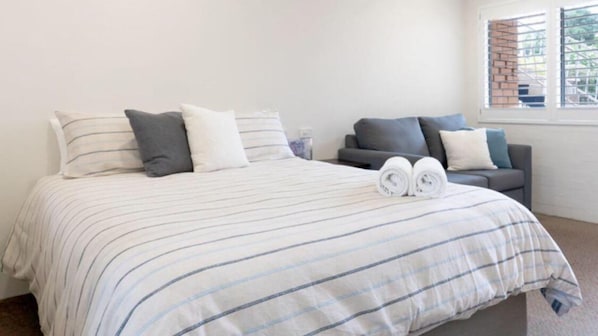 1 bedroom, iron/ironing board, travel crib, bed sheets