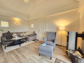 Televisión, chimenea y estéreo 