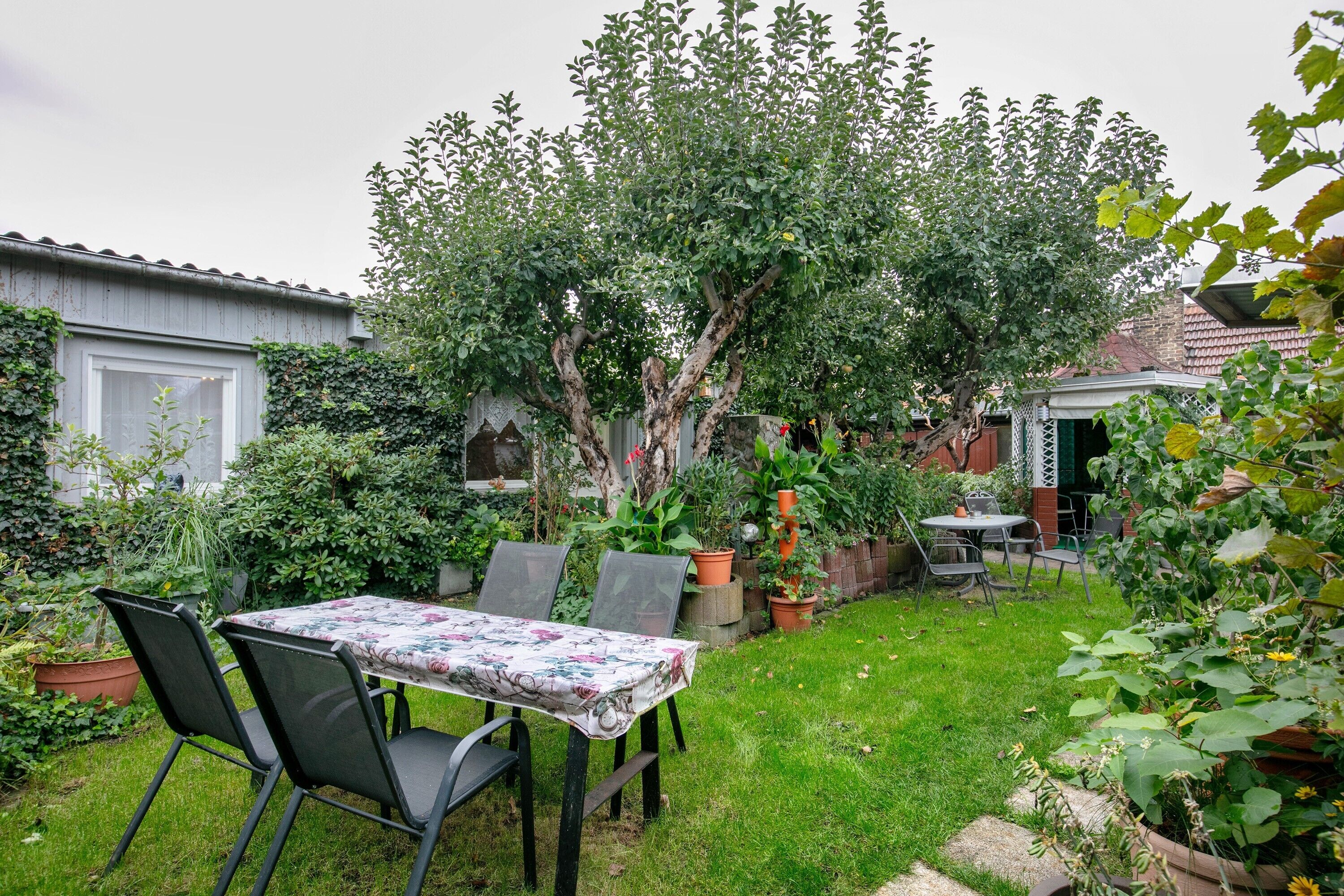 Um jardim com mesa e cadeiras, cercado por vasos de plantas e uma árvore.