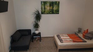 Habitació petita moblada amb un sofà, un llit, una planta en test, un quadre i una taula petita amb una làmpada.