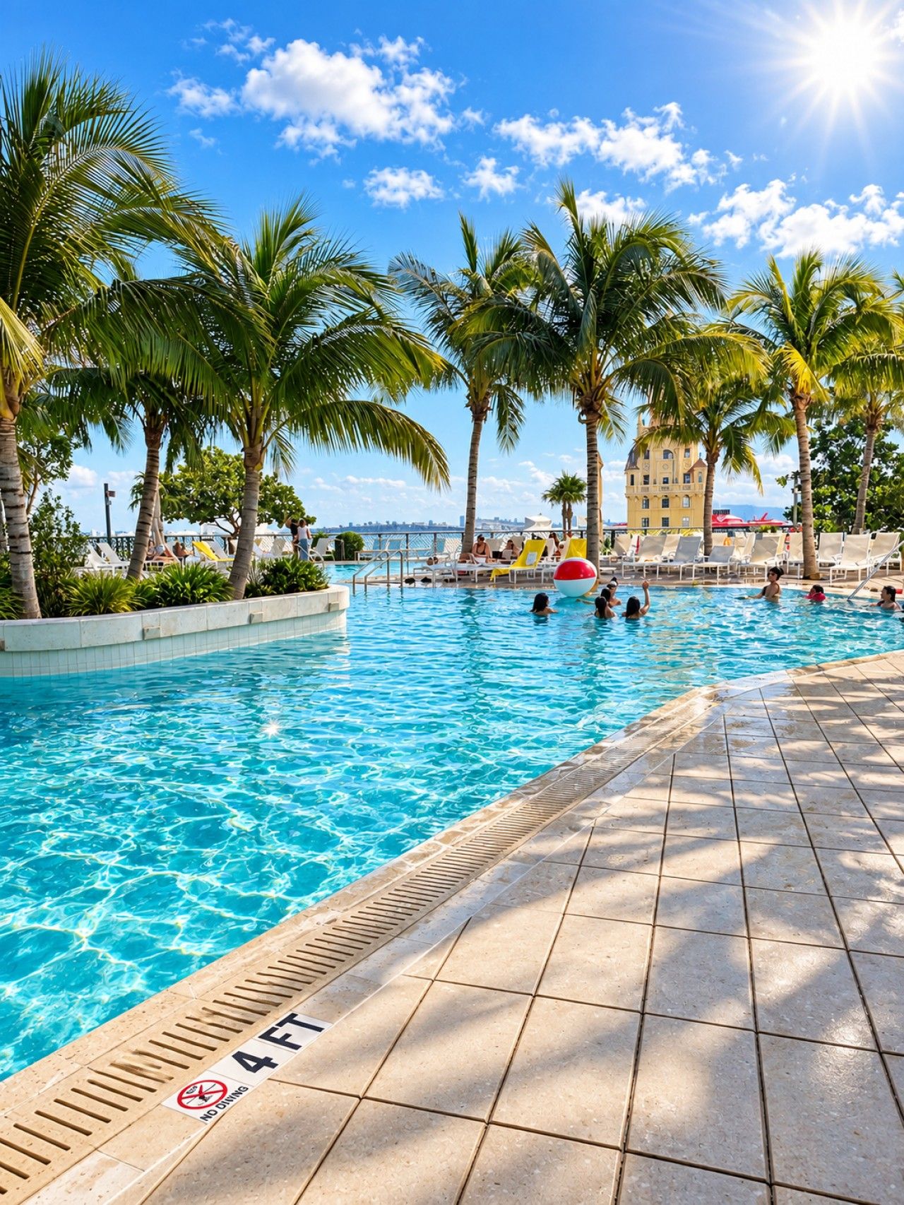 Una piscina con agua cristalina azul, rodeada de palmeras y un solárium con baldosas.