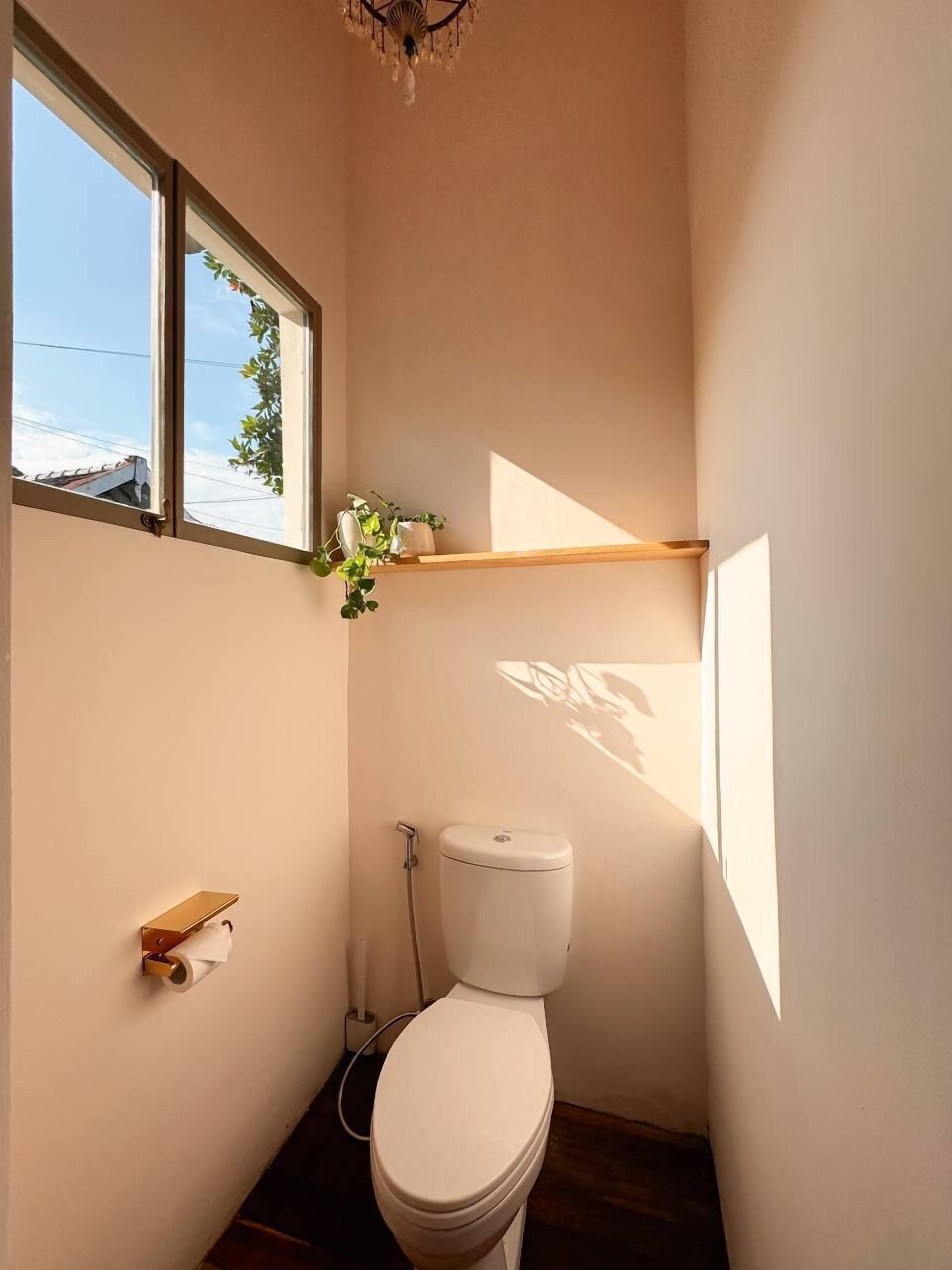 A small, well-lit bathroom with a toilet, a window, and a shelf with plants.