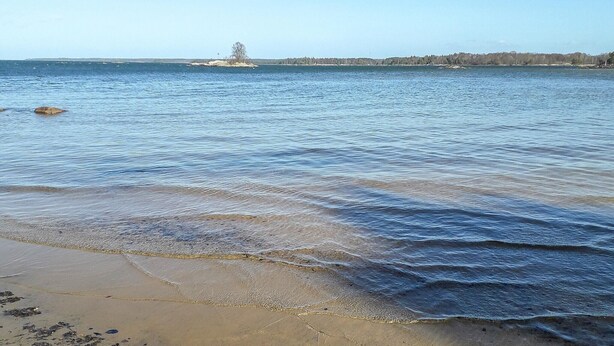 Une plage à l’eau claire, avec un rivage sablonneux et une île qui se dessine à l’horizon.