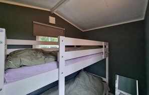 Une chambre avec un lit superposé, une fenêtre et un téléviseur.