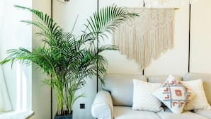 Una sala de estar con un sofá de tonos claros, un tapiz de macramé y una planta grande en maceta.
