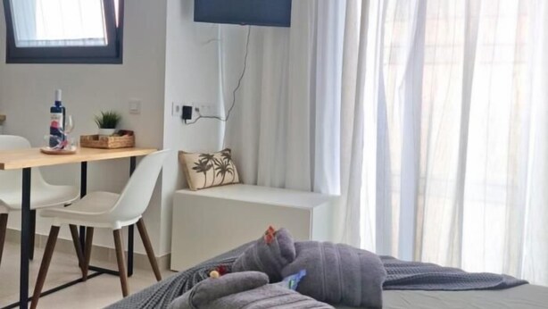 Una habitación de hotel moderna con una cama, un escritorio con silla, un televisor montado en la pared y una ventana con cortinas traslúcidas.