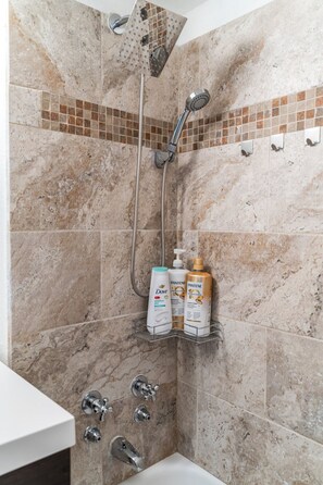 Hair dryer, towels, soap, shampoo
