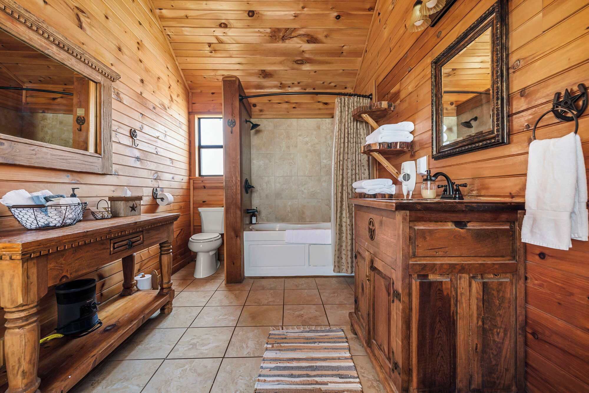 Shower, hair dryer, towels, shampoo