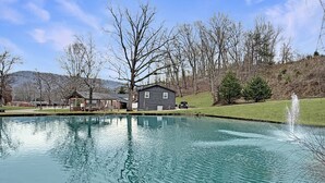 Une piscine avec une maison en arrière-plan, entourée d’arbres et d’une zone herbeuse.